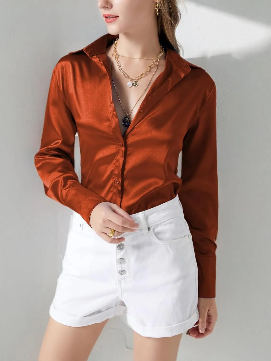 LYANER Women's Satin Silky Collar Buttons Down Long Sleeve Work Blouse Shirt Tops