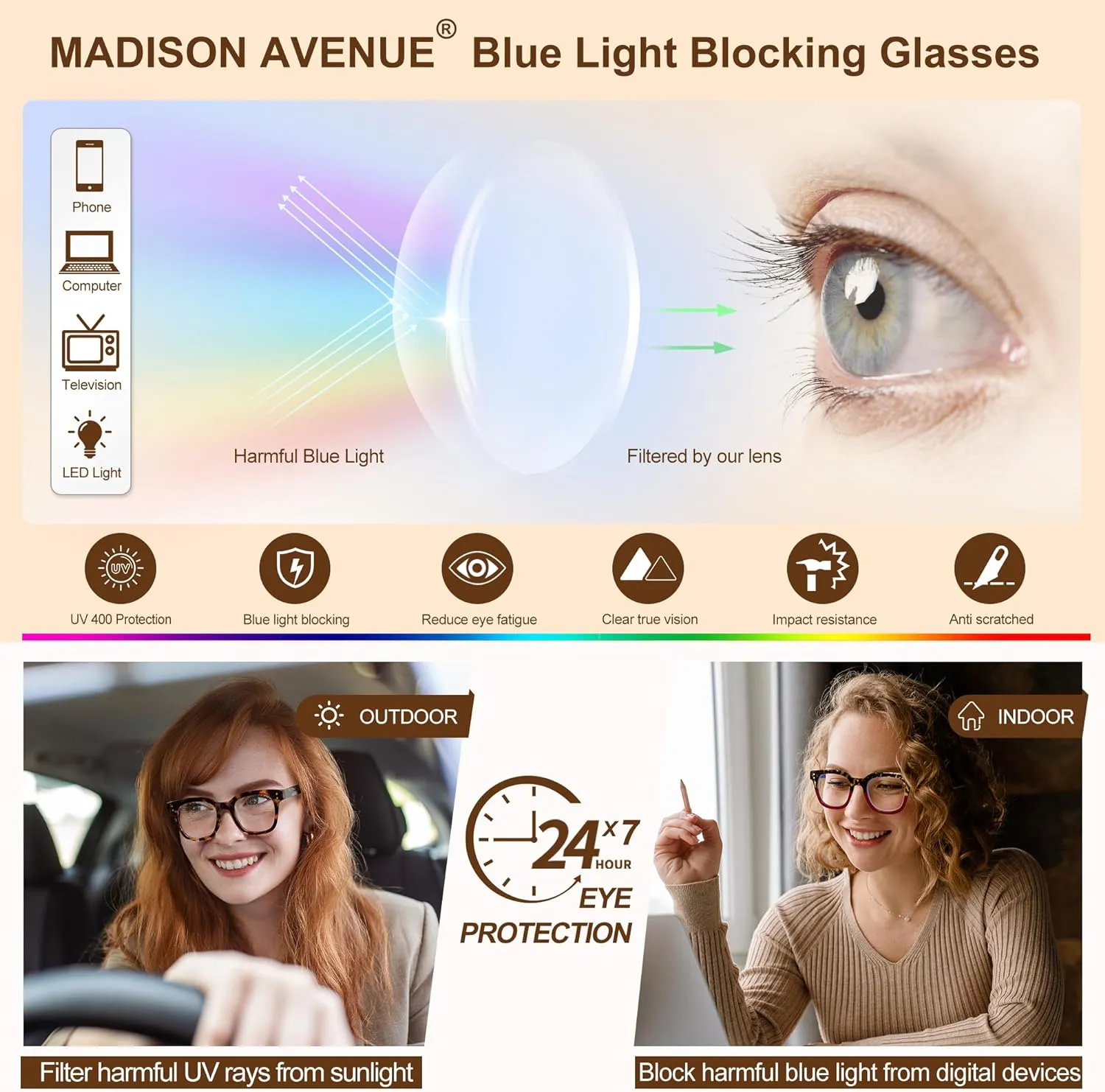 Madison Avenue Blue Light Blocking Glasses Oversized Fashion Blue Light Glasses for Women Anti Eyestrain & UV Protection Computer Eyeglasses (Clear)