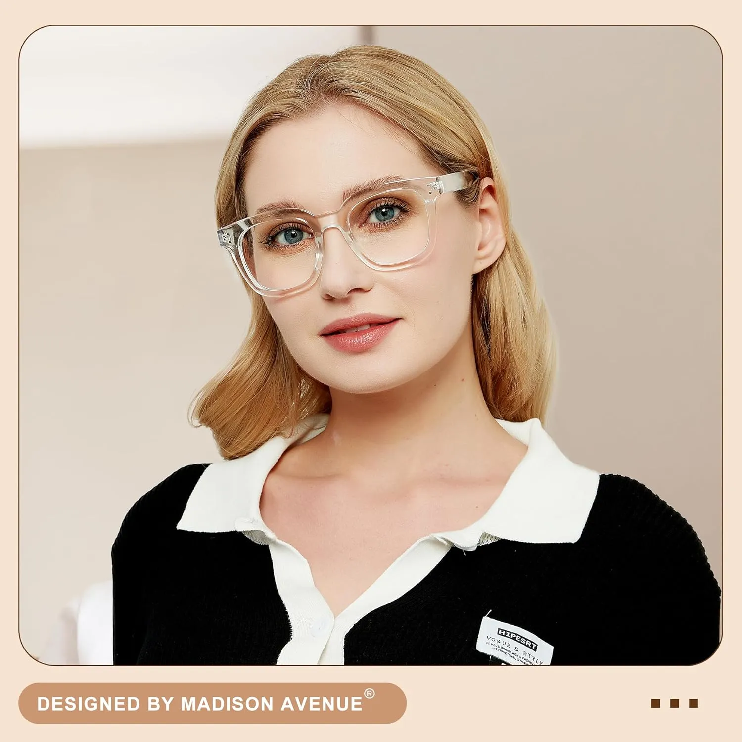 Madison Avenue Blue Light Blocking Glasses Oversized Fashion Blue Light Glasses for Women Anti Eyestrain & UV Protection Computer Eyeglasses (Clear)