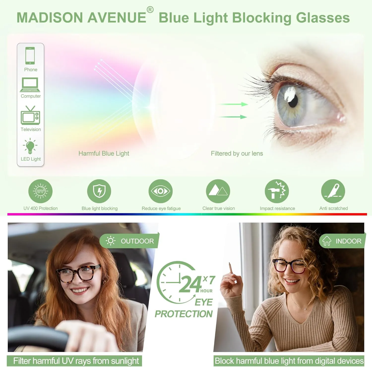 Madison Avenue Blue Light Blocking Glasses Oversized Fashion Blue Light Glasses for Women Anti Eyestrain & UV Protection Computer Eyeglasses (Green)