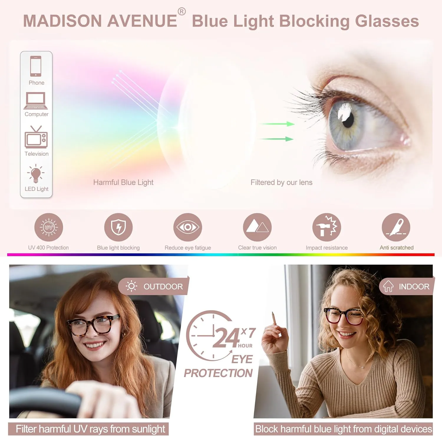 Madison Avenue Blue Light Blocking Glasses Oversized Fashion Blue Light Glasses for Women Anti Eyestrain & UV Protection Computer Eyeglasses (Milk Grey Brown)