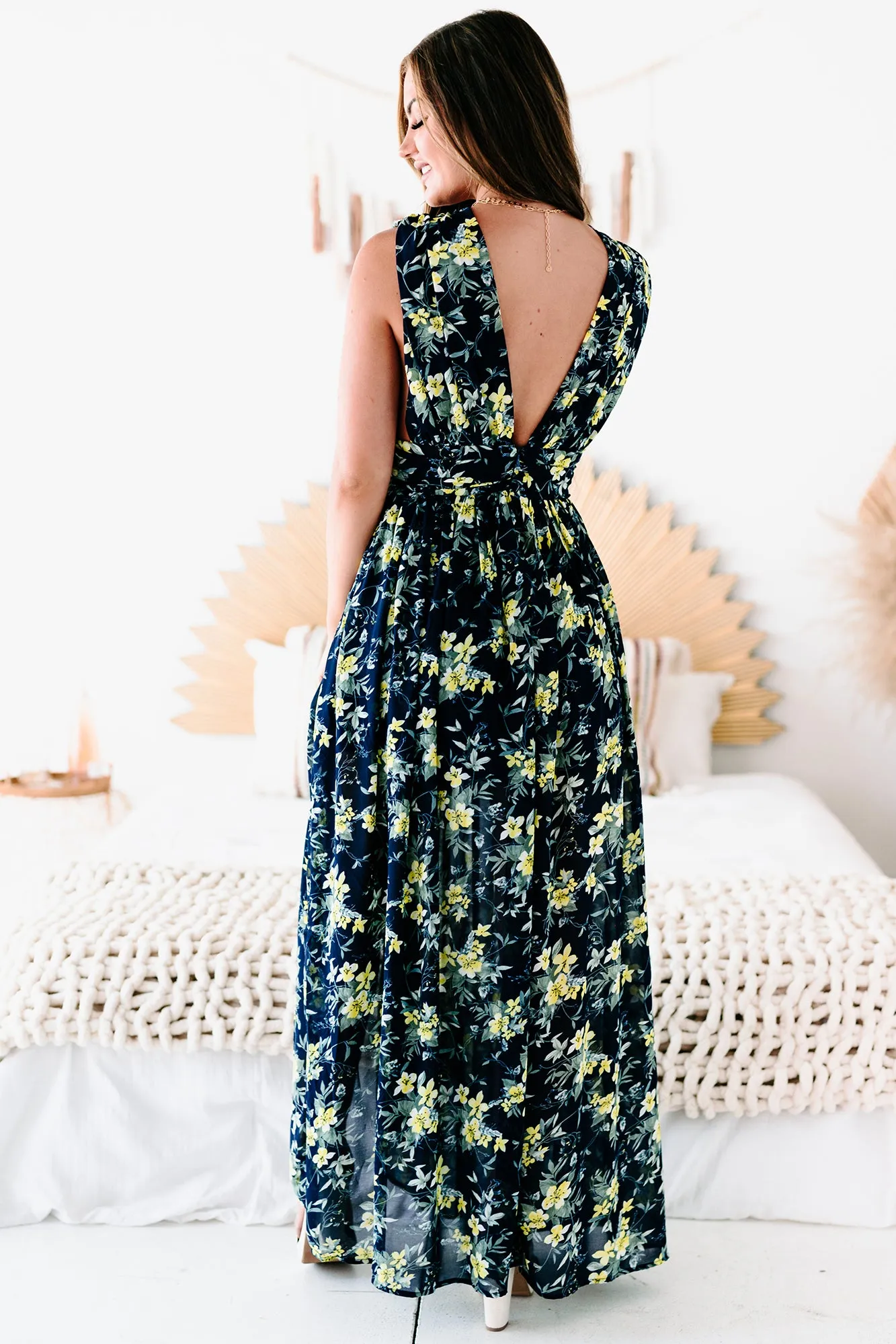 Magical Evening Floral V-Neck Maxi Dress (Navy)