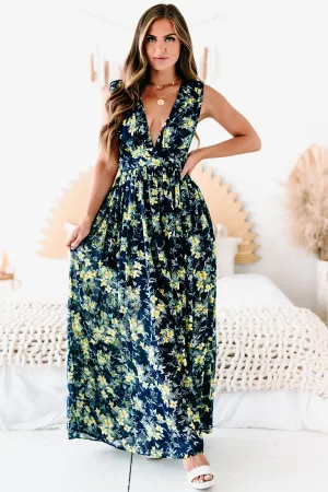 Magical Evening Floral V-Neck Maxi Dress (Navy)