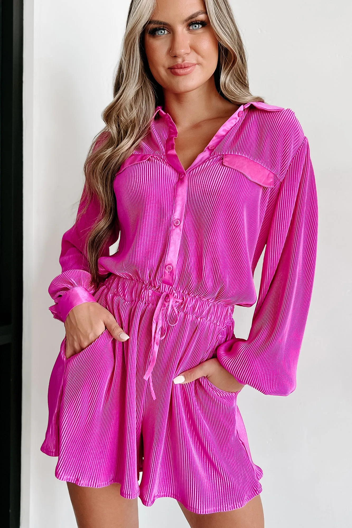 Making Magic Happen Pleated Long Sleeve Romper (Magenta Pink)