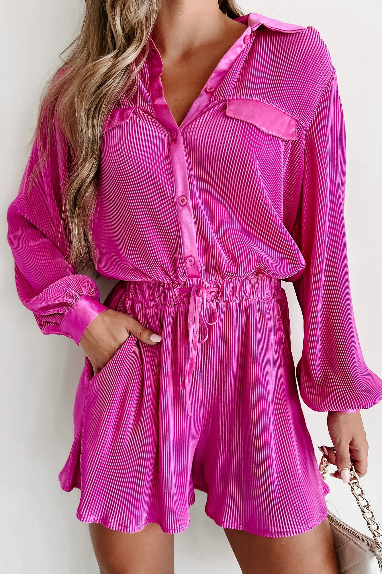 Making Magic Happen Pleated Long Sleeve Romper (Magenta Pink)