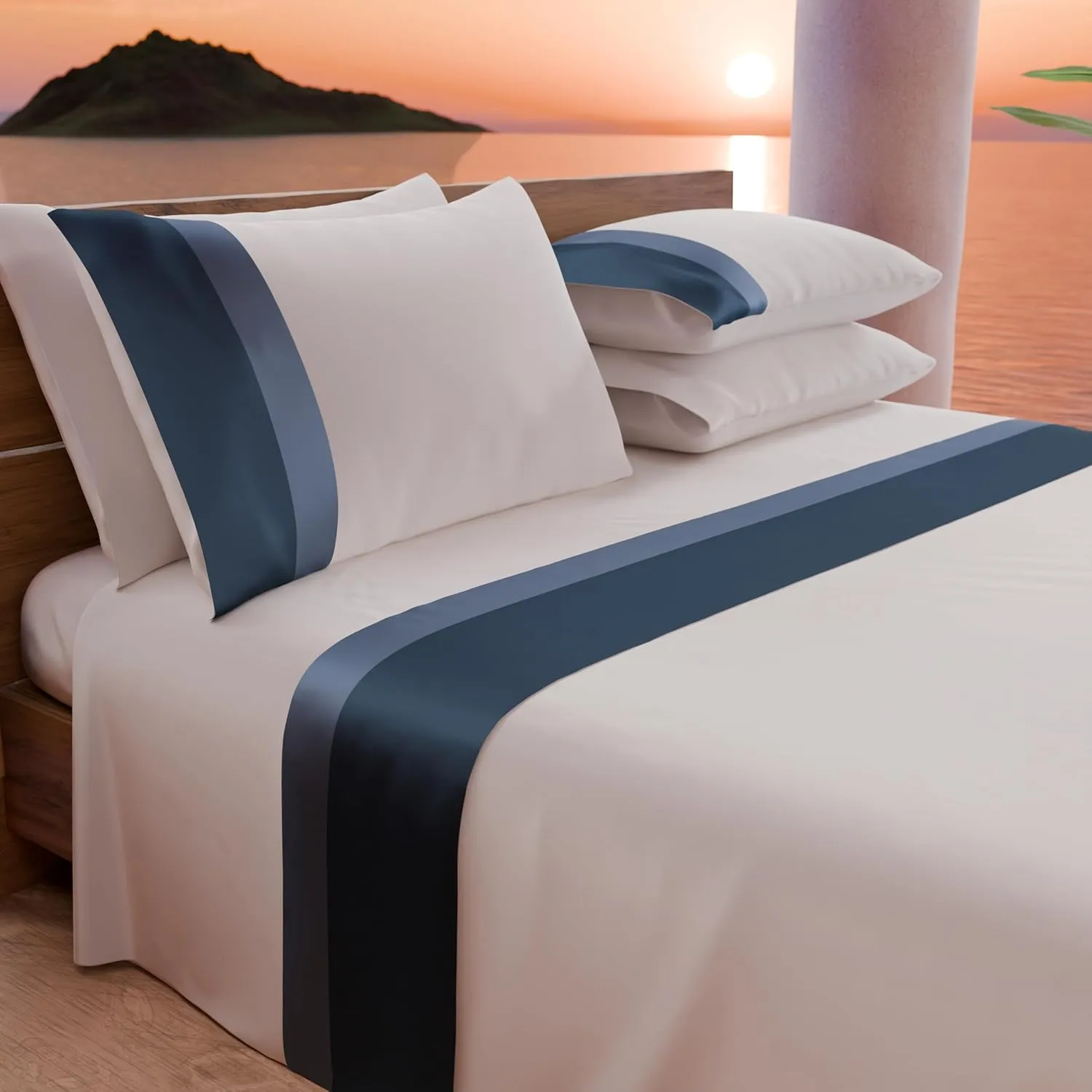 Matrimonial Bed Linen Set (4 Piece, Queen, Blue, Cotton Percale)