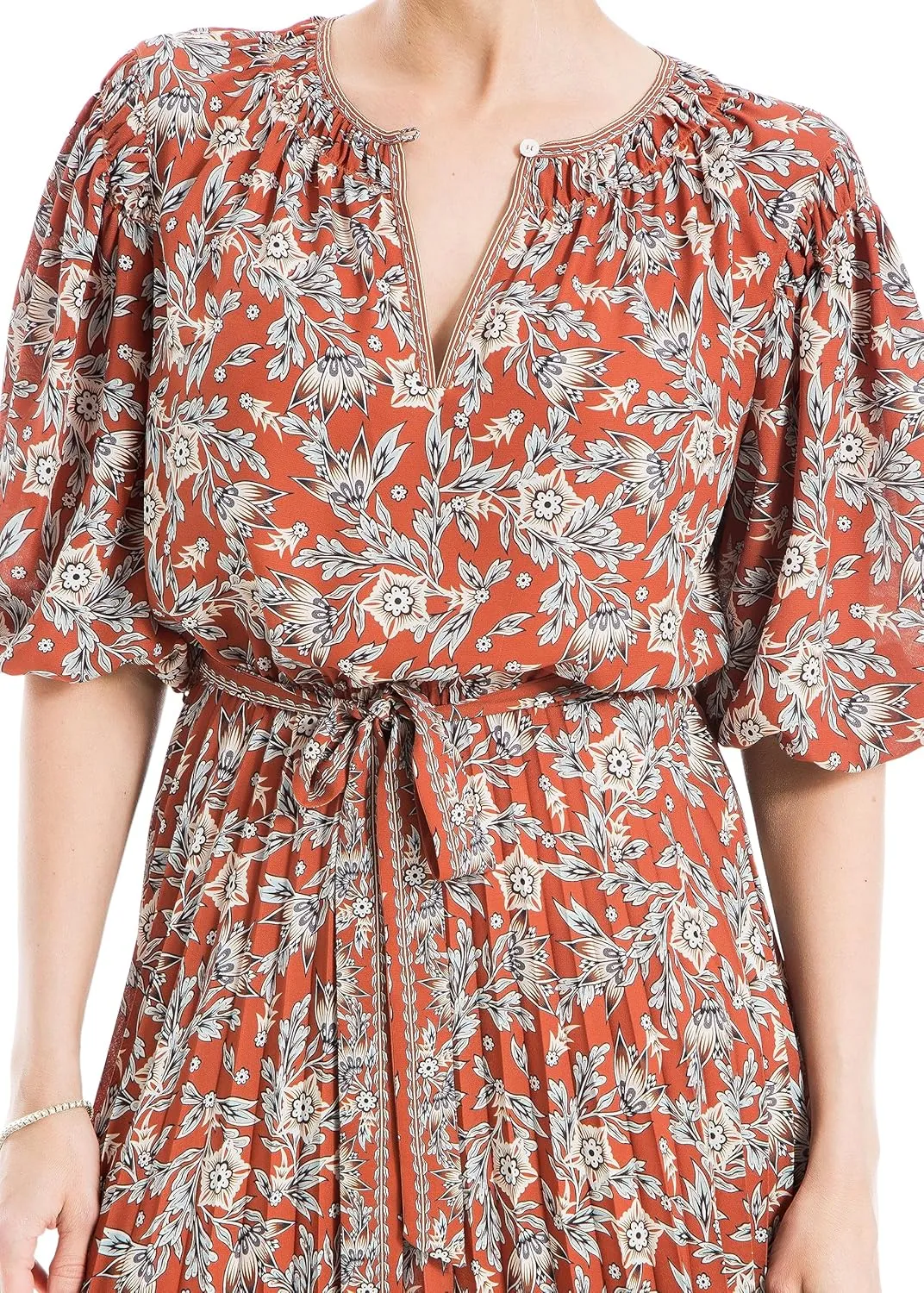 Max Studio Women's Elbow Sleeve V-Neck Pleated Dress