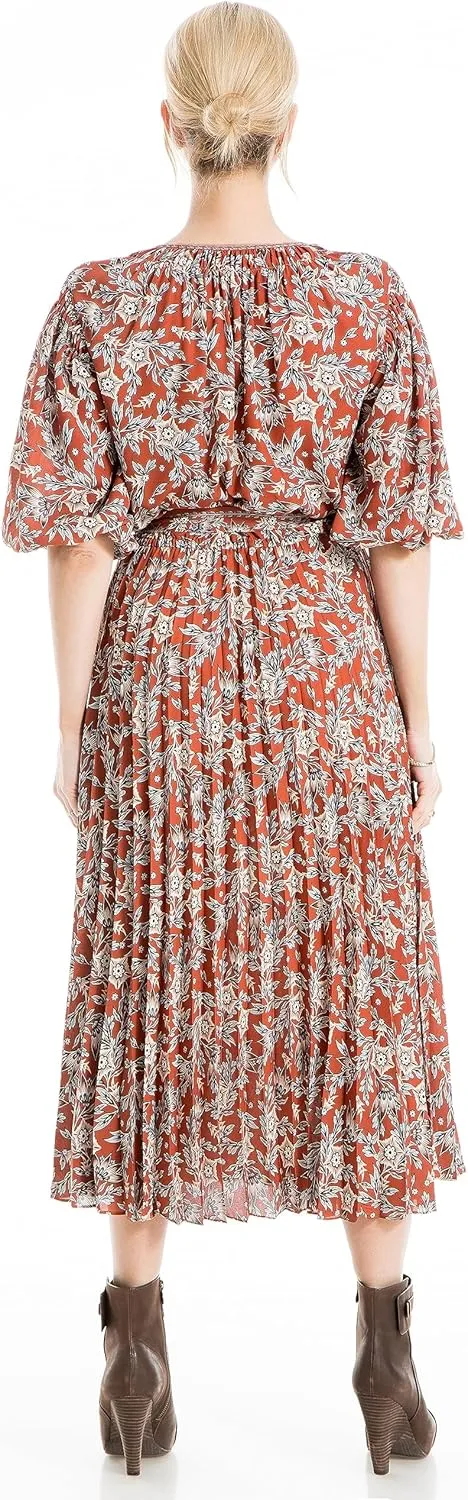 Max Studio Women's Elbow Sleeve V-Neck Pleated Dress