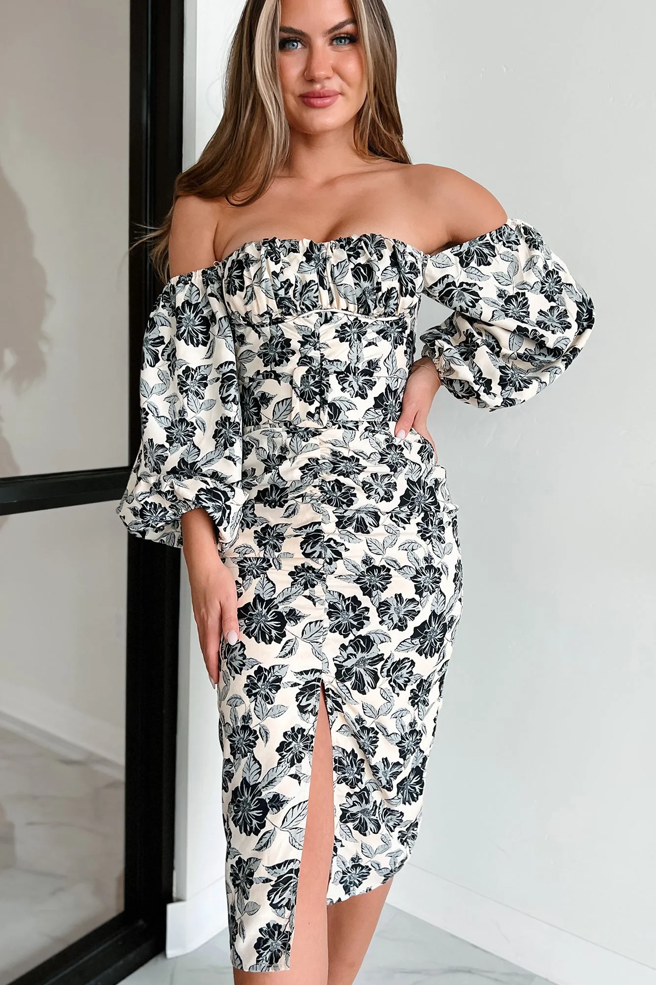 Meant To Impress Floral Midi Dress (Beige/Black)