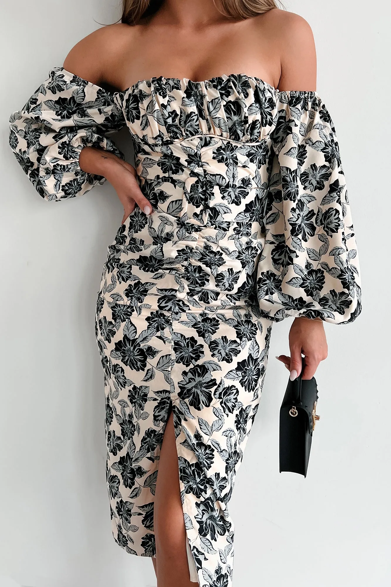 Meant To Impress Floral Midi Dress (Beige/Black)