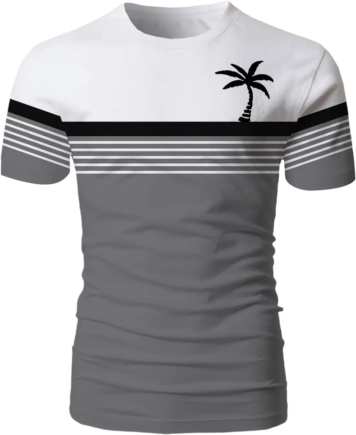Men Coconut Tree Striped Print Workout Shirt Hawaiian Crewneck Shirts Short Sleeve Button Down Summer Tropical Outfits