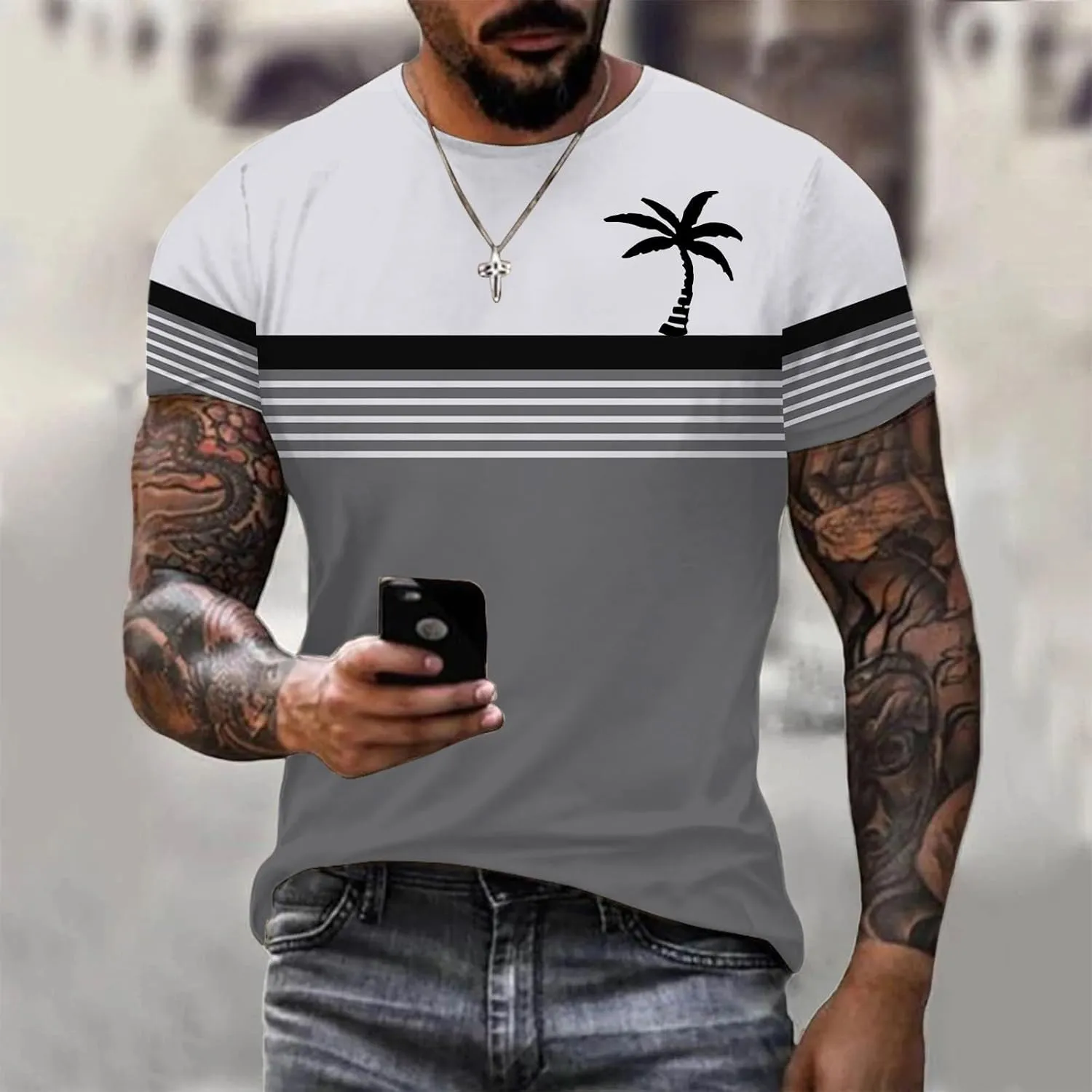 Men Coconut Tree Striped Print Workout Shirt Hawaiian Crewneck Shirts Short Sleeve Button Down Summer Tropical Outfits