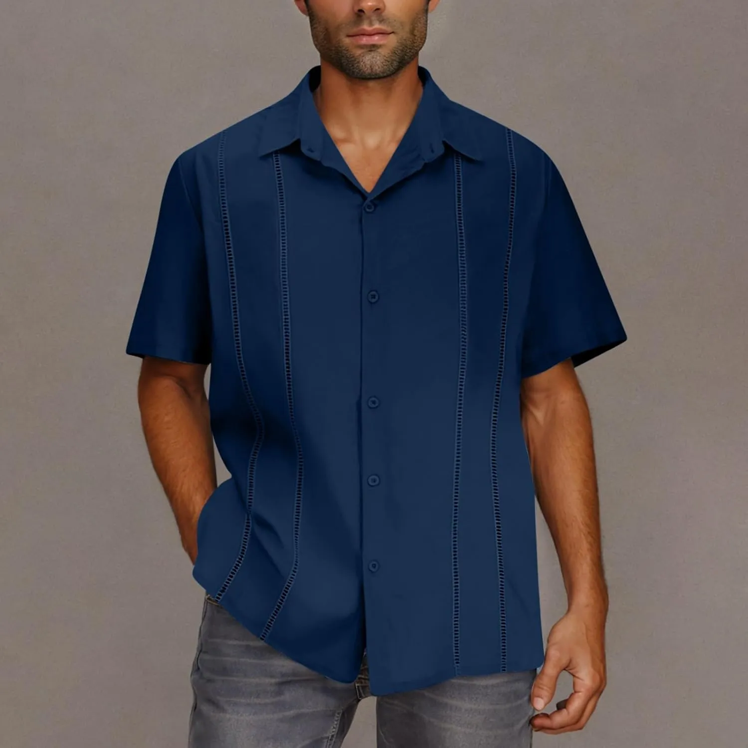 Men's Beach Hippie T-Shirts Summer Fashion Solid Color Lapel Short Sleeve Tops Plus Size Loose Fit Vacation Blouse