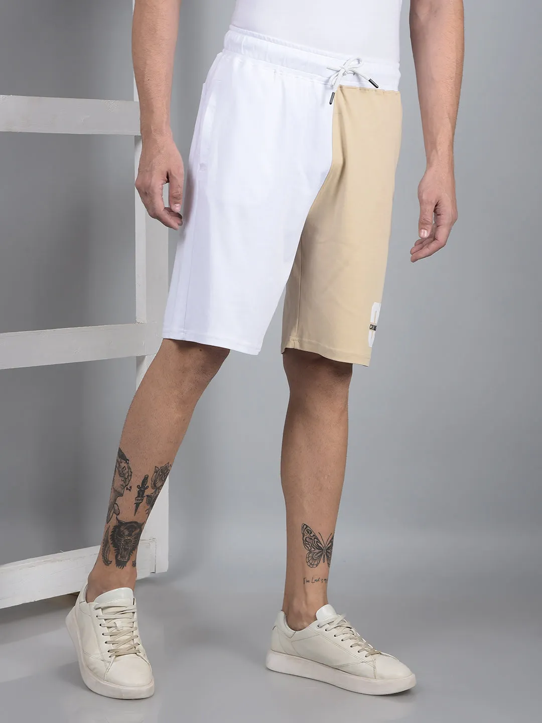 Men's Beige Color-Blocked 100% Cotton Shorts