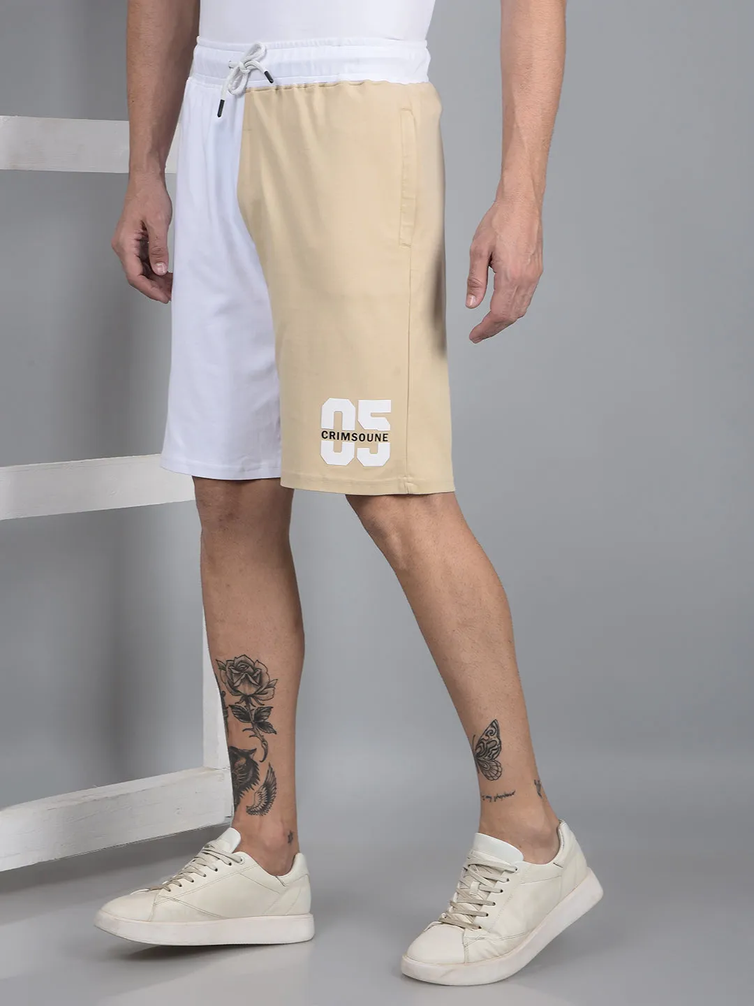 Men's Beige Color-Blocked 100% Cotton Shorts