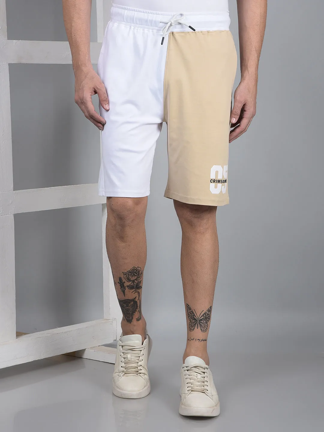 Men's Beige Color-Blocked 100% Cotton Shorts