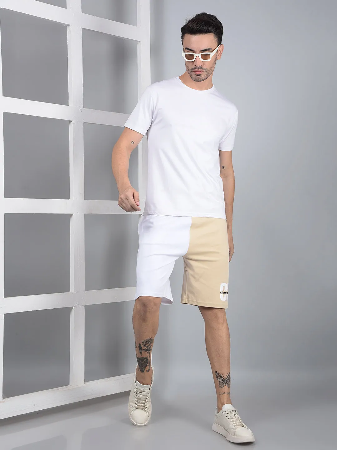 Men's Beige Color-Blocked 100% Cotton Shorts
