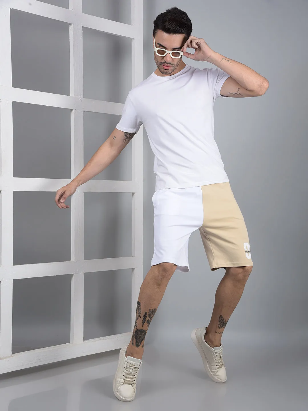 Men's Beige Color-Blocked 100% Cotton Shorts