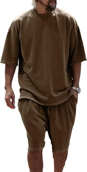 Mens Casual 2 Piece Outfits Short Sleeve Tracksuit Crew Neck T Shirt & Shorts Set Oversize Two Piece Casual Jogging Set