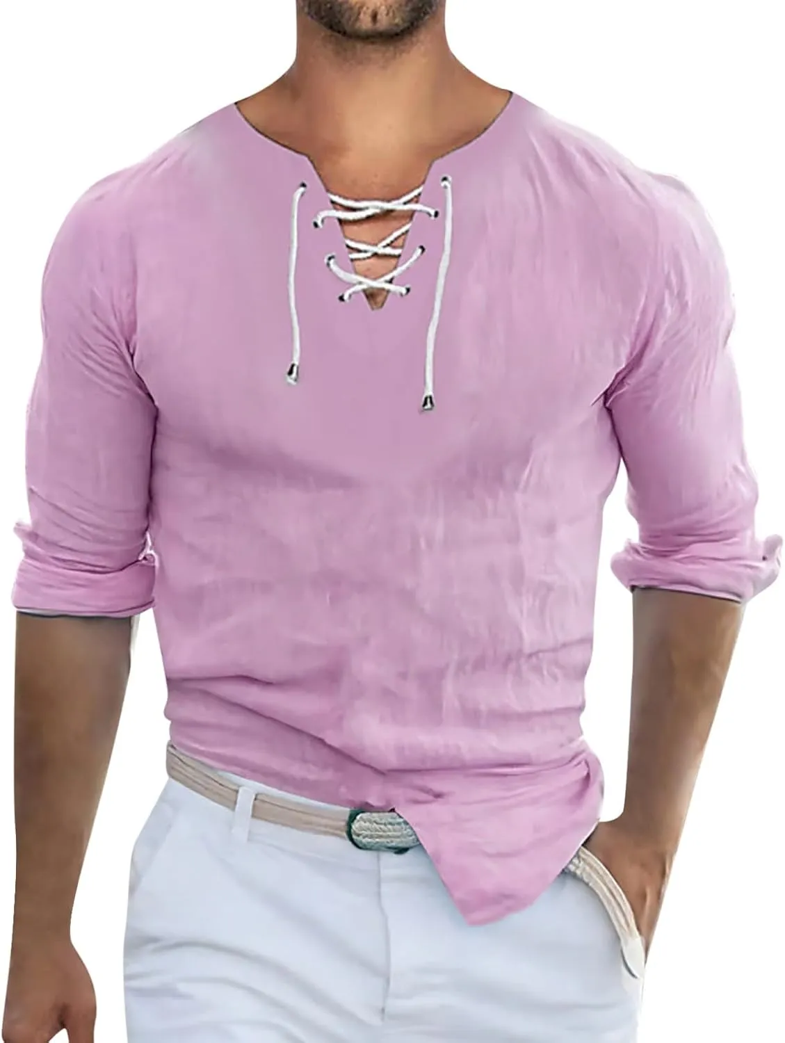 Men's Casual Button Down Shirts Long Sleeve Buttons Down Solid Plain Roll Up Sleeve Summer Beach Shirts Long