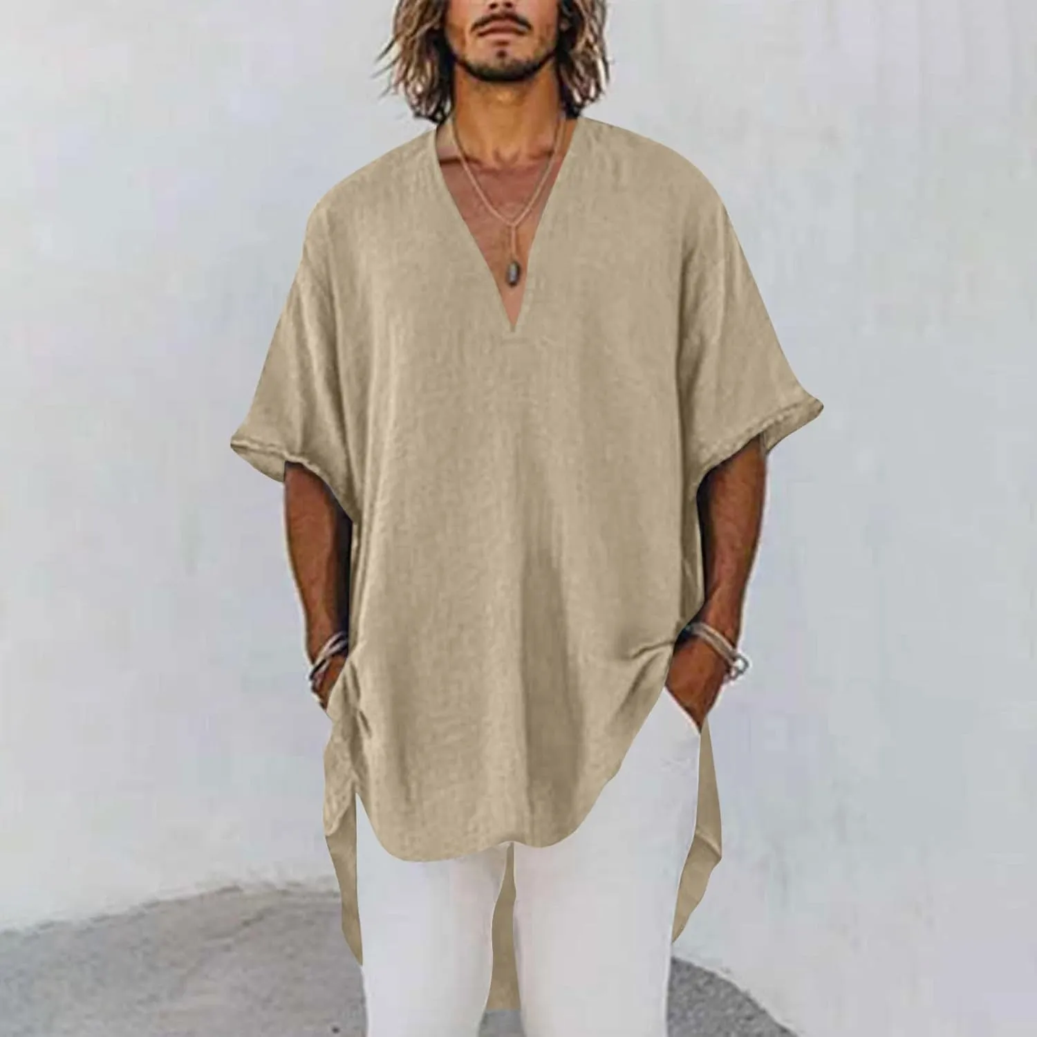 Men's Cotton Linen T-Shirts Summer Solid V Neck Short Sleeve Tunic Tops Casual Fashion Loose Fit Beach Long Blouse