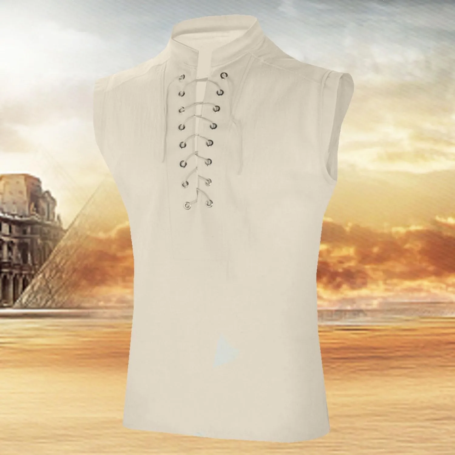 Men's Cotton Linen Tank Top Shirt Pirate Renaissance Costume Sleeveless Lace Up Vest Medieval Gothic Viking Tee Tunic