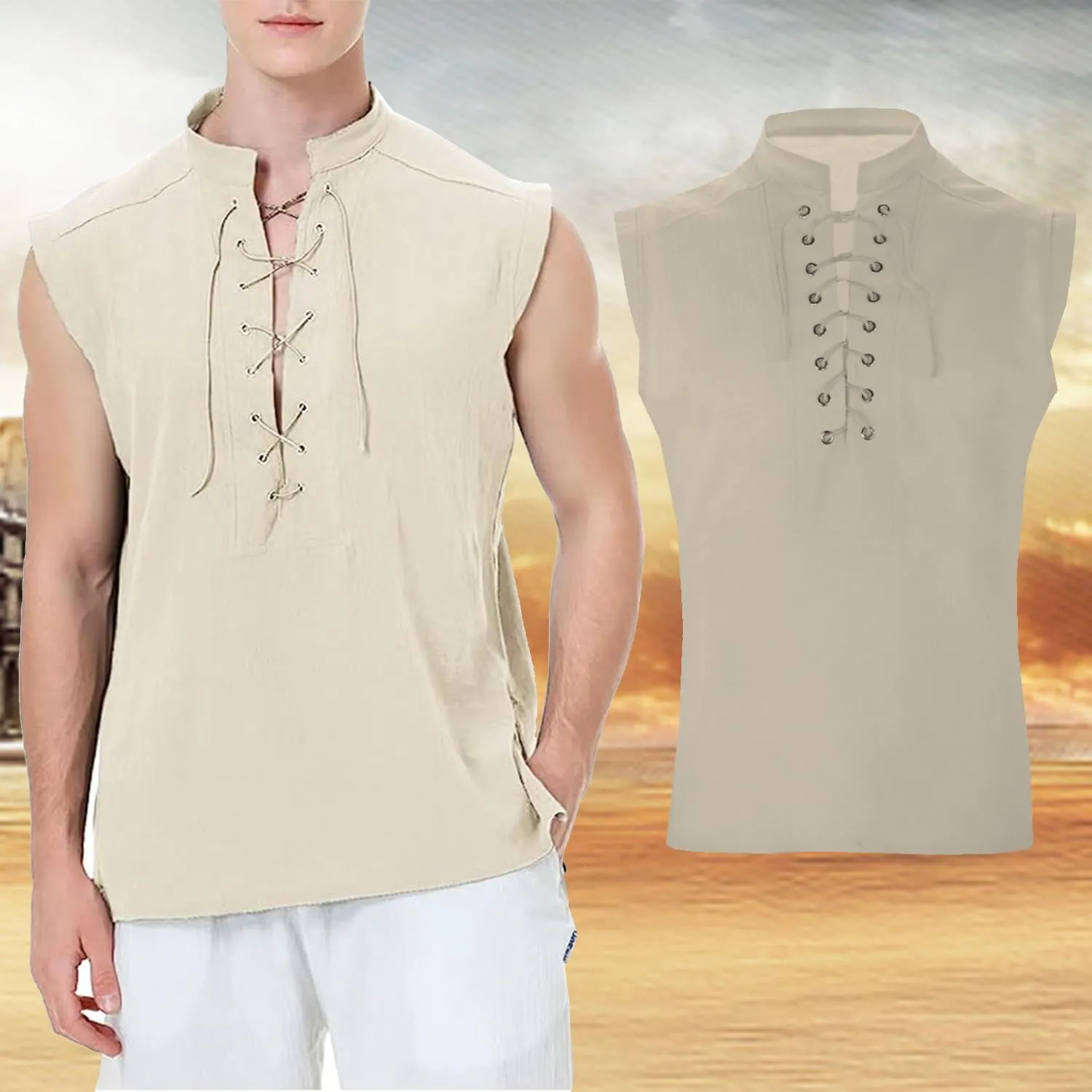 Men's Cotton Linen Tank Top Shirt Pirate Renaissance Costume Sleeveless Lace Up Vest Medieval Gothic Viking Tee Tunic