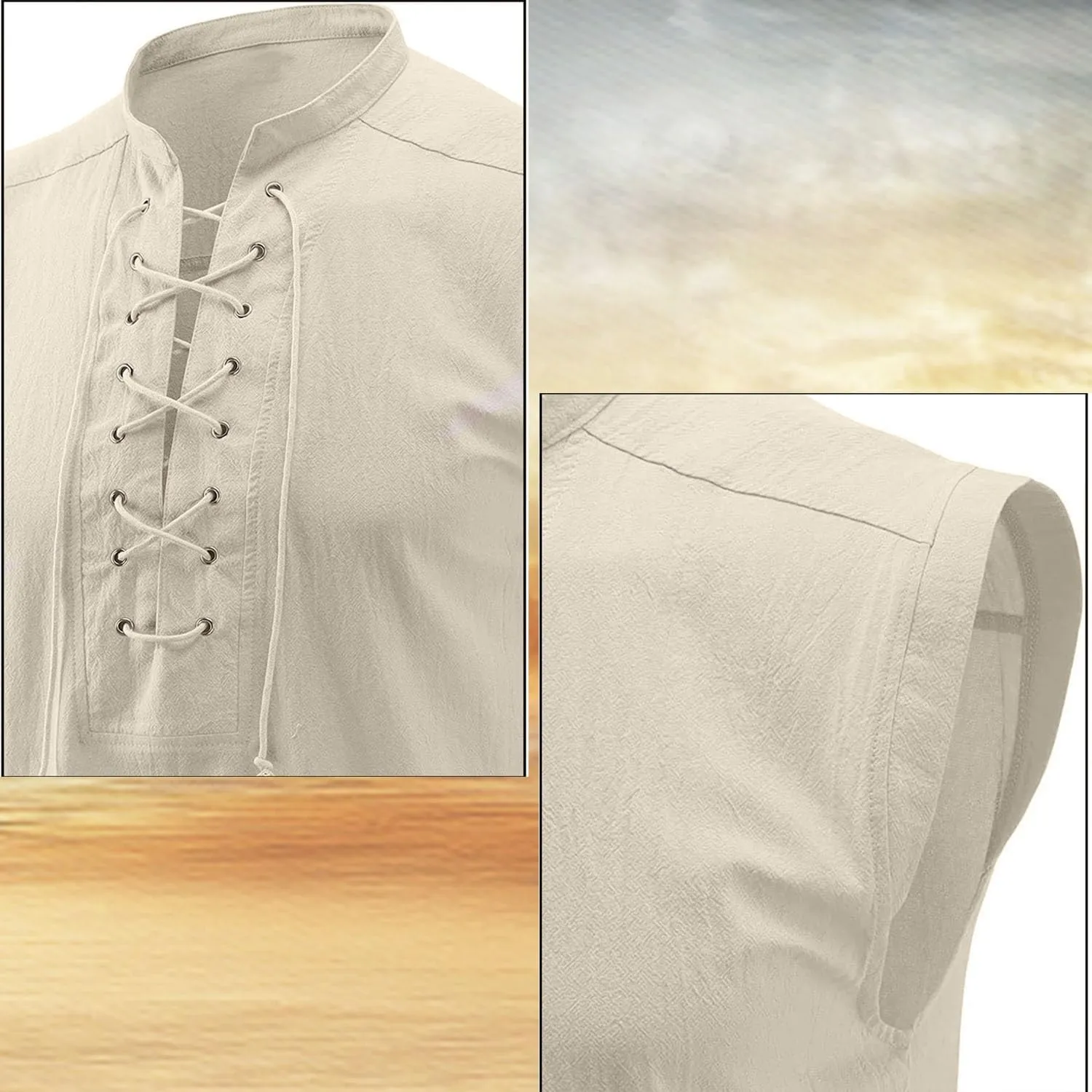 Men's Cotton Linen Tank Top Shirt Pirate Renaissance Costume Sleeveless Lace Up Vest Medieval Gothic Viking Tee Tunic