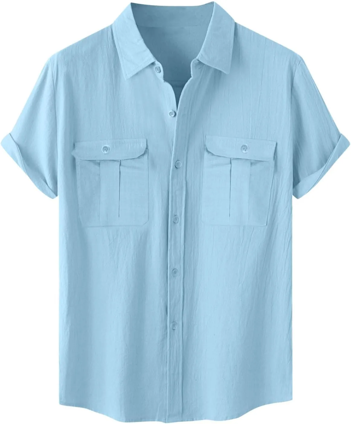 Men's Cotton Linen Tops Summer Solid Short Sleeve Button Down Blouse Casual Fashion Lightweight Shirt with Pockets