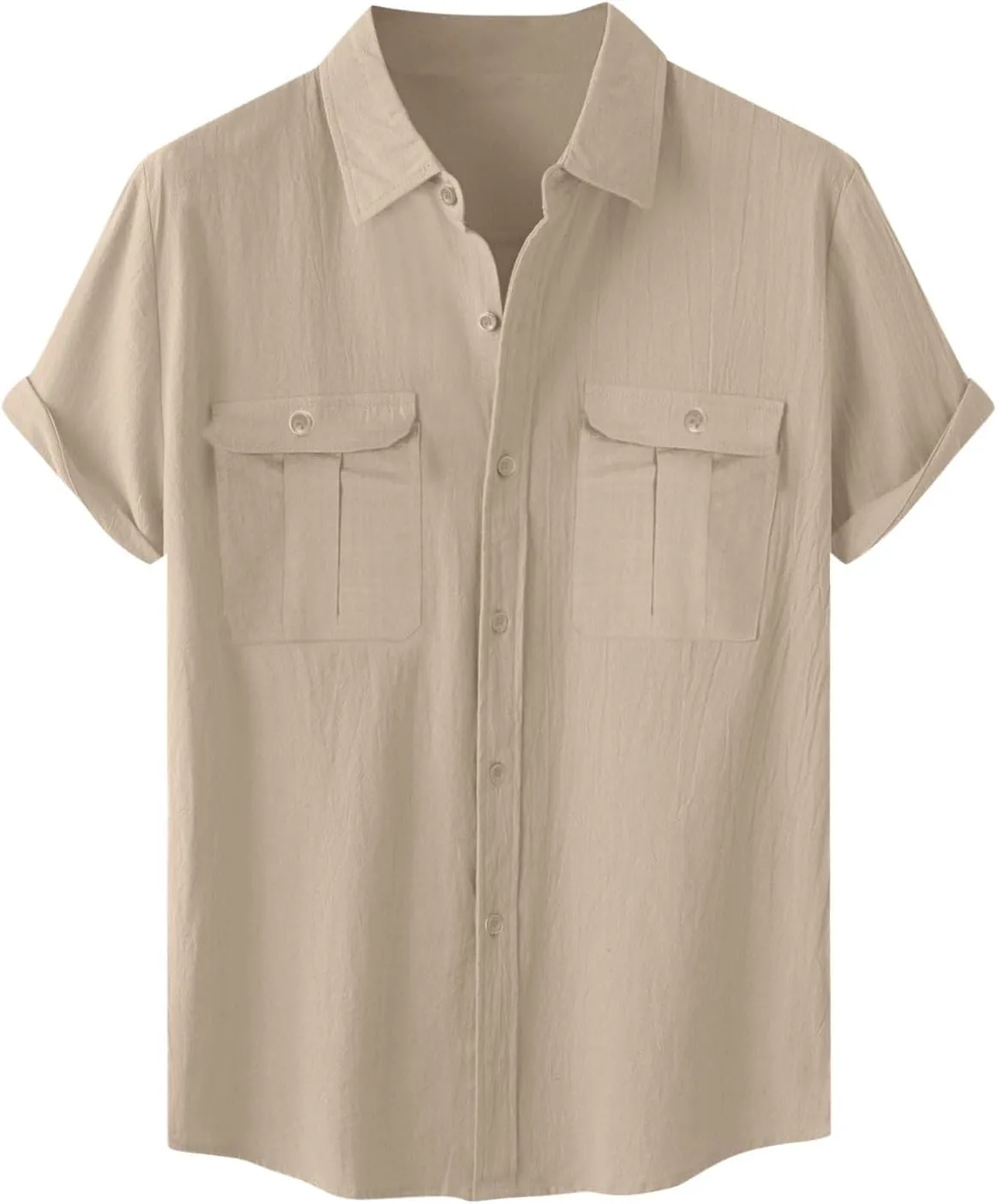 Men's Cotton Linen Tops Summer Solid Short Sleeve Button Down Blouse Casual Fashion Lightweight Shirt with Pockets