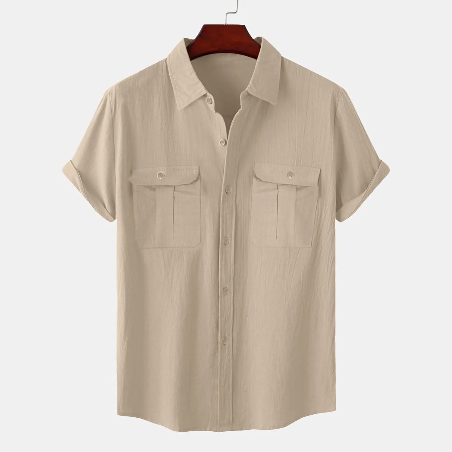 Men's Cotton Linen Tops Summer Solid Short Sleeve Button Down Blouse Casual Fashion Lightweight Shirt with Pockets