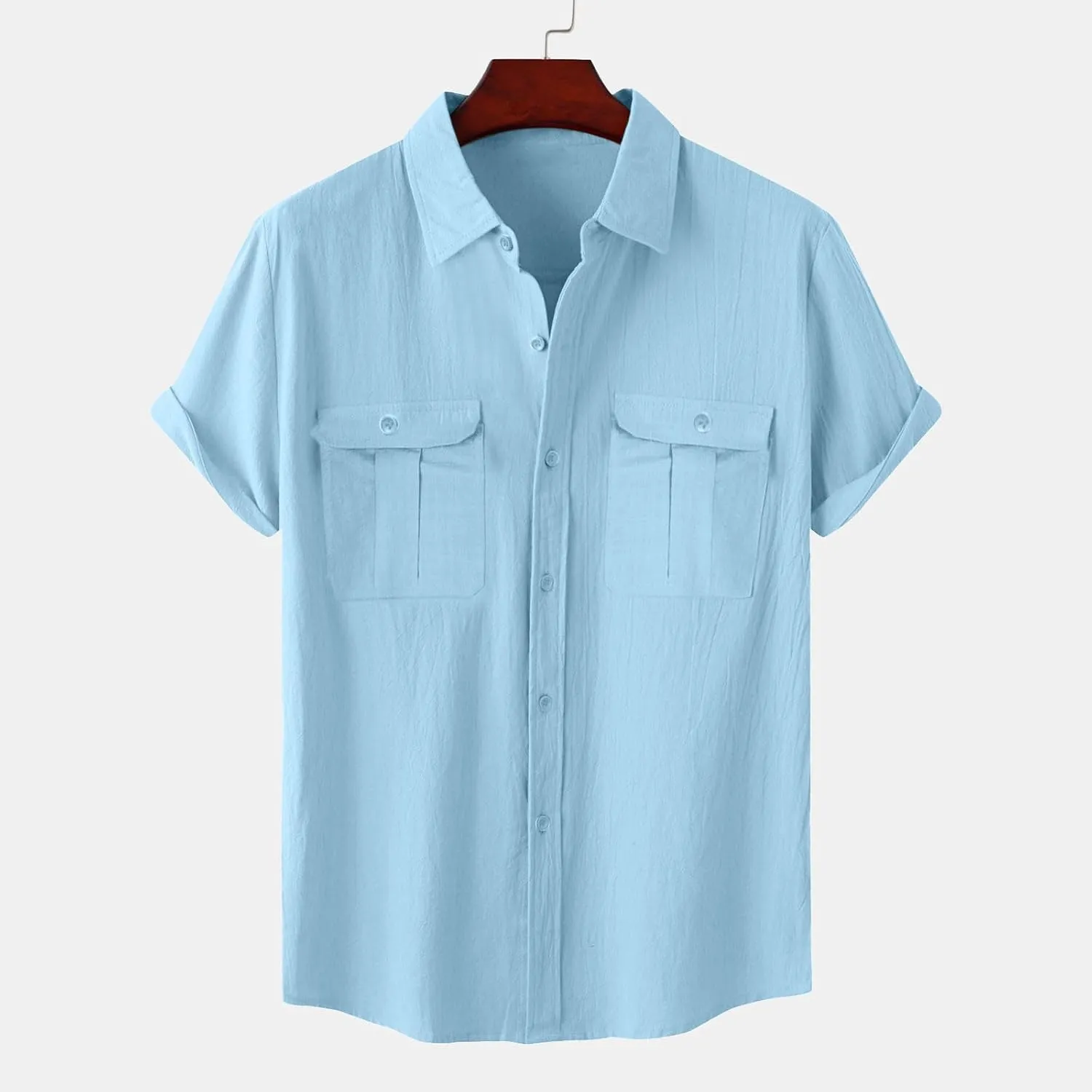 Men's Cotton Linen Tops Summer Solid Short Sleeve Button Down Blouse Casual Fashion Lightweight Shirt with Pockets