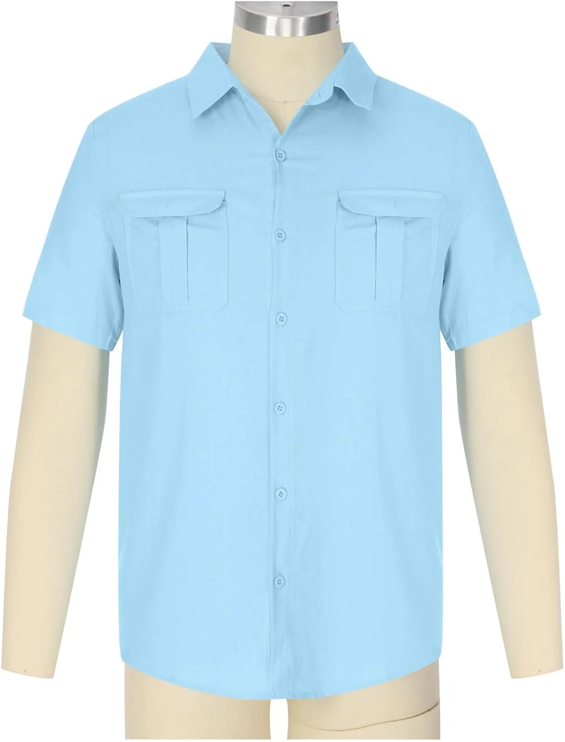 Men's Cotton Linen Tops Summer Solid Short Sleeve Button Down Blouse Casual Fashion Lightweight Shirt with Pockets