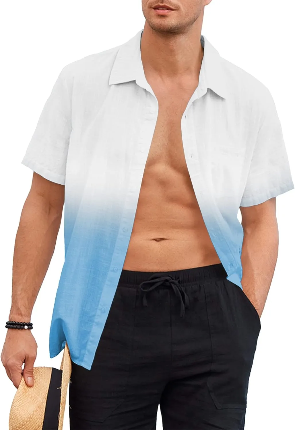 Mens Gradient Linen Shirts Casual Button Down Short Sleeve Beach Summer Shirts