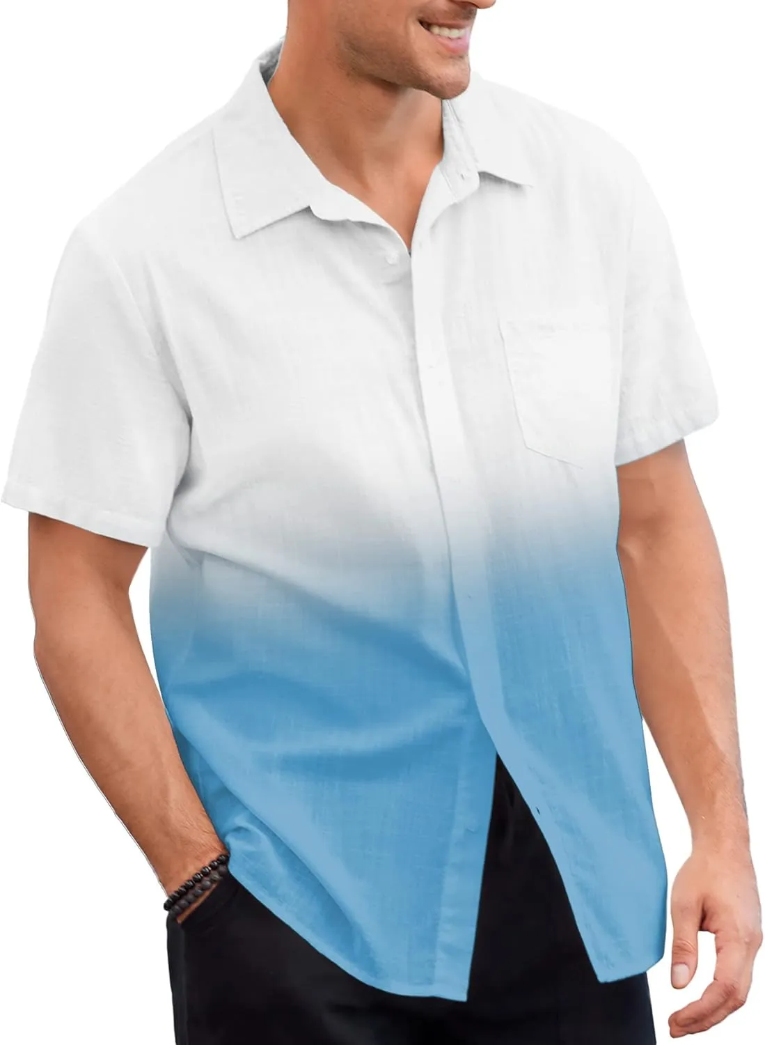 Mens Gradient Linen Shirts Casual Button Down Short Sleeve Beach Summer Shirts