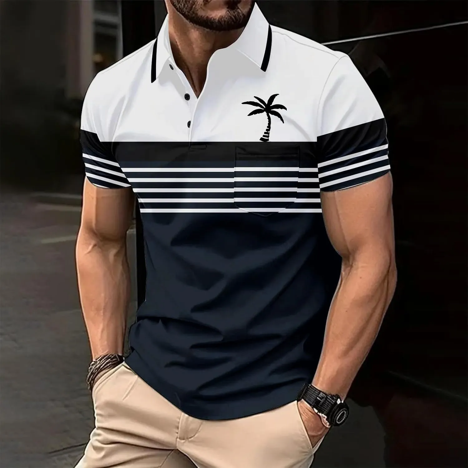 Men's Hawaiian Shirts Button Down Short Sleeve Collar Neck Tropical Holiday Beach Striped Coconut Tree Graphic Shirt