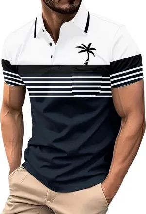 Men's Hawaiian Shirts Button Down Short Sleeve Collar Neck Tropical Holiday Beach Striped Coconut Tree Graphic Shirt