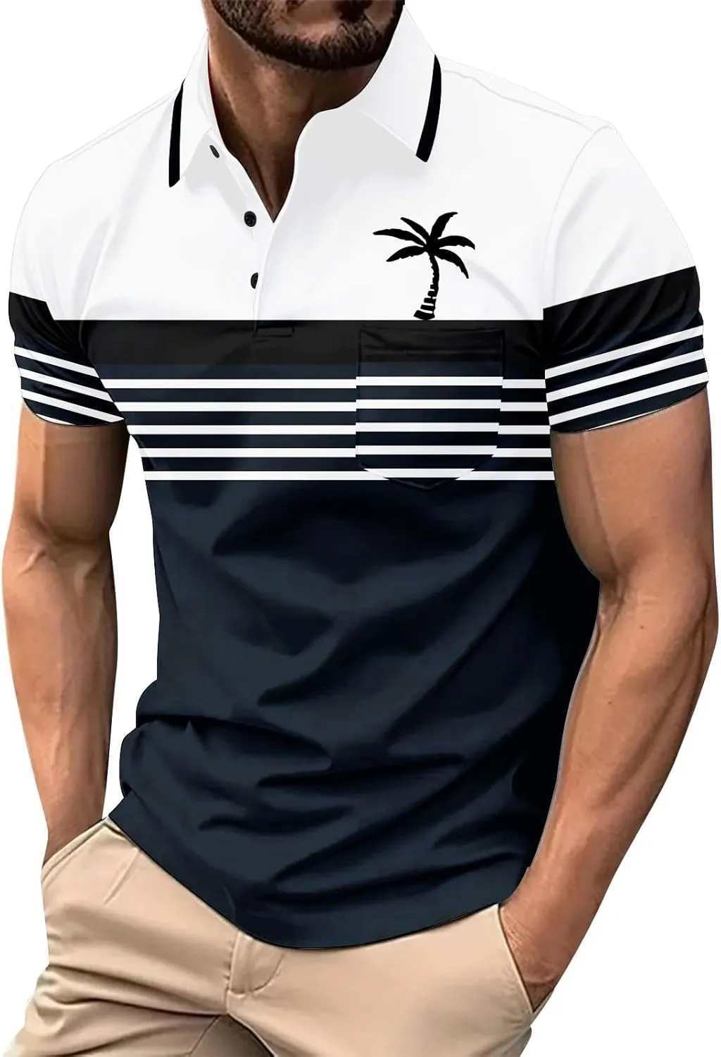 Men's Hawaiian Shirts Button Down Short Sleeve Collar Neck Tropical Holiday Beach Striped Coconut Tree Graphic Shirt