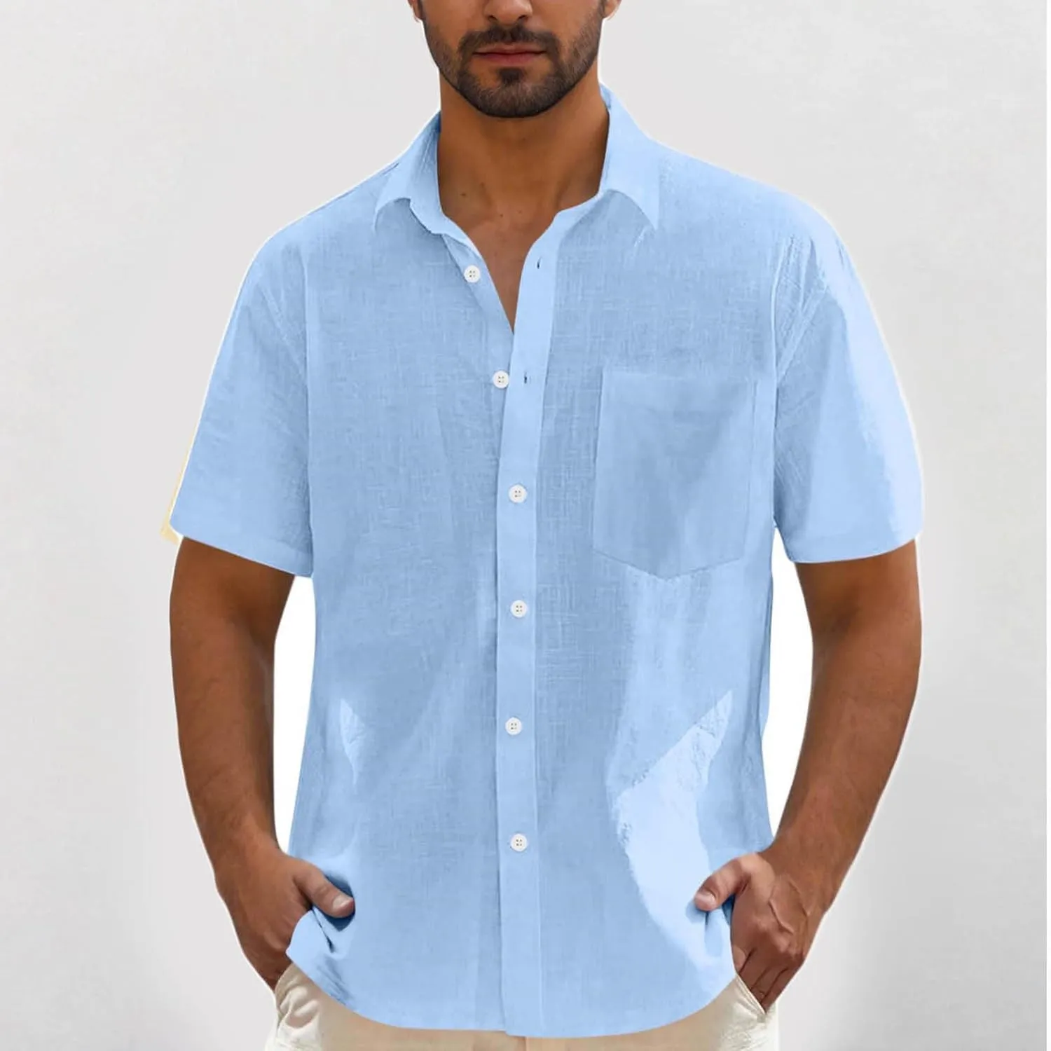 Men's Linen Shirts Summer Solid Color Short Sleeve Tops with Pockets Casual Stylish Lightweight Dress Beach Blouse