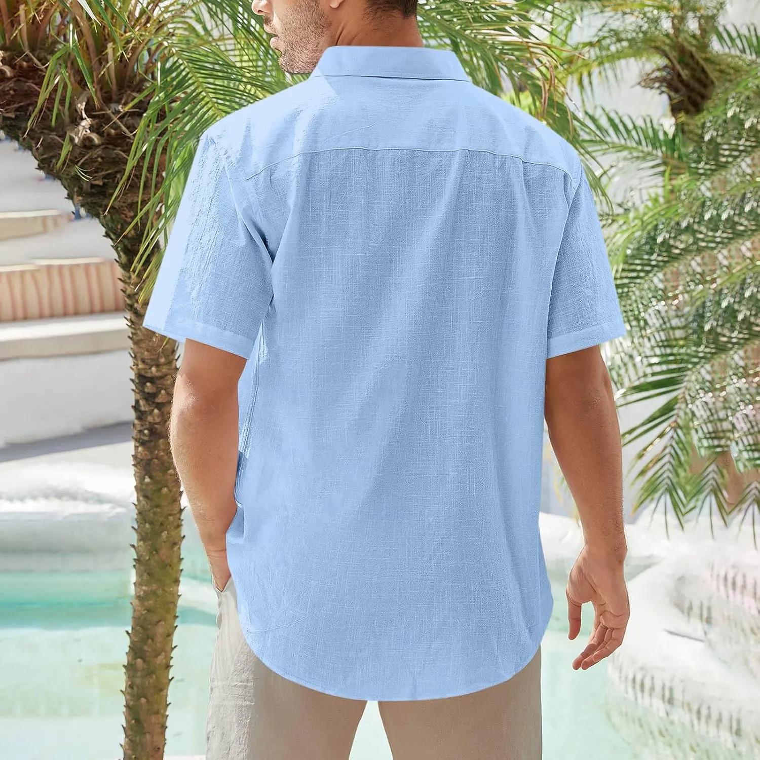 Men's Linen Shirts Summer Solid Color Short Sleeve Tops with Pockets Casual Stylish Lightweight Dress Beach Blouse