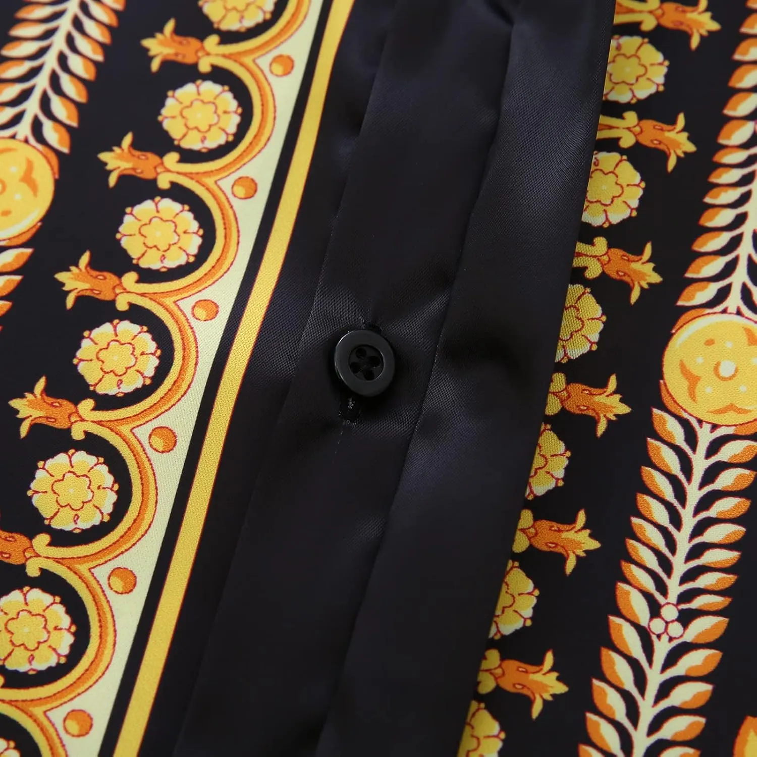 Mens Luxury Brand Printed Silk Like Satin Button Down Dress Shirt for Party Prom Long Sleeve Slim Fit Floral Nightclub Shirt