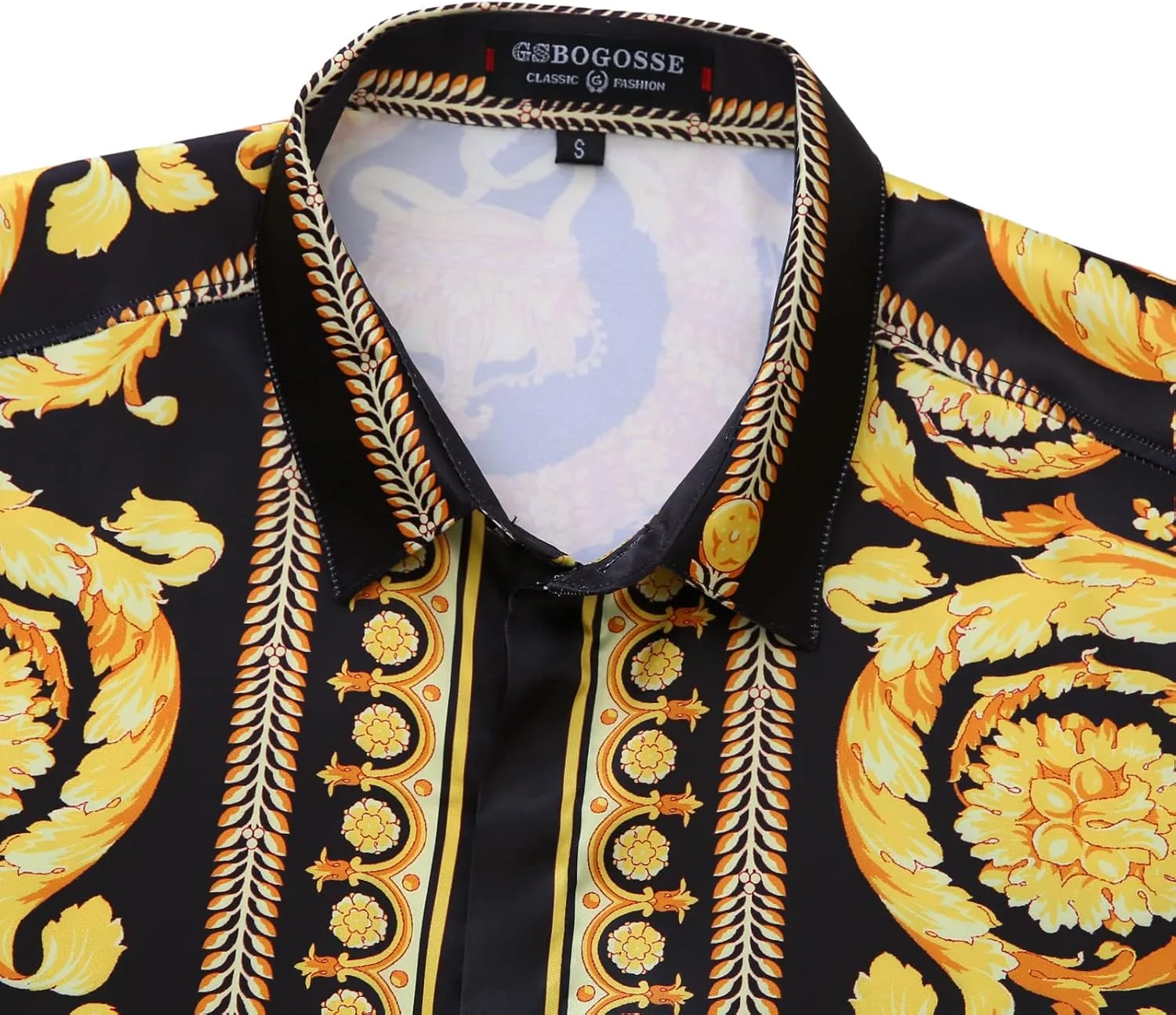Mens Luxury Brand Printed Silk Like Satin Button Down Dress Shirt for Party Prom Long Sleeve Slim Fit Floral Nightclub Shirt