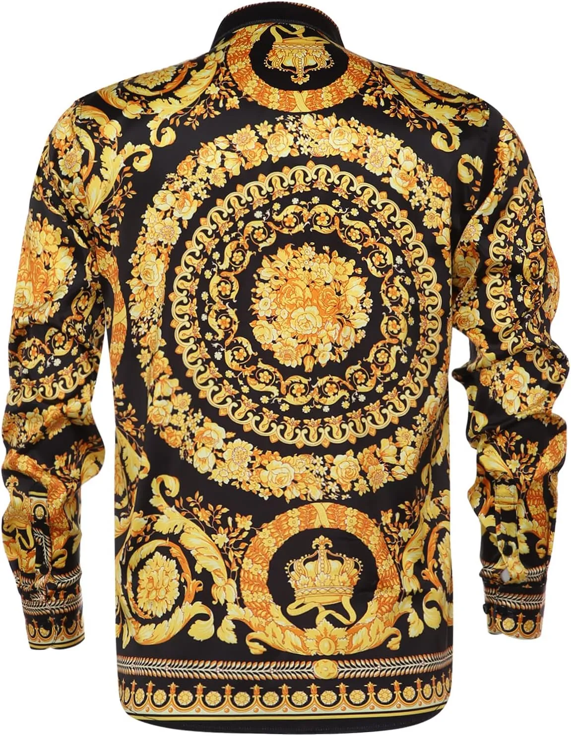 Mens Luxury Brand Printed Silk Like Satin Button Down Dress Shirt for Party Prom Long Sleeve Slim Fit Floral Nightclub Shirt