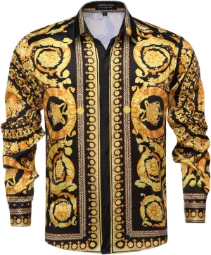 Mens Luxury Brand Printed Silk Like Satin Button Down Dress Shirt for Party Prom Long Sleeve Slim Fit Floral Nightclub Shirt