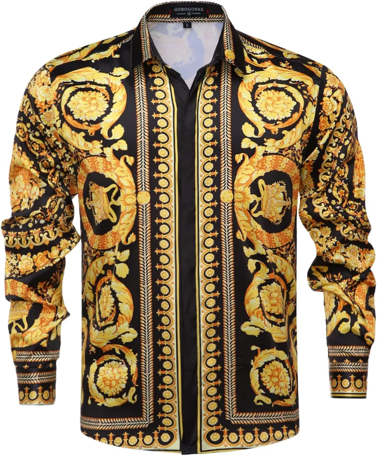 Mens Luxury Brand Printed Silk Like Satin Button Down Dress Shirt for Party Prom Long Sleeve Slim Fit Floral Nightclub Shirt