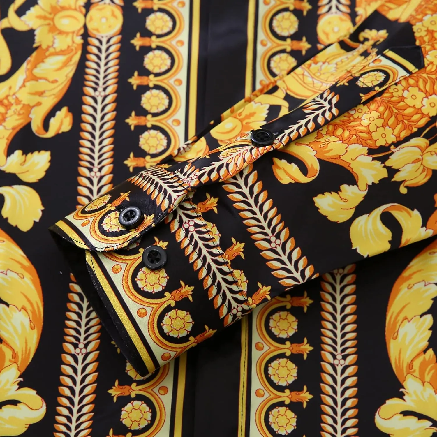 Mens Luxury Brand Printed Silk Like Satin Button Down Dress Shirt for Party Prom Long Sleeve Slim Fit Floral Nightclub Shirt