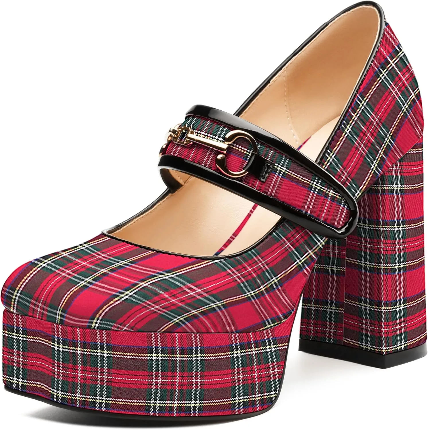 MERRORI Red Plaid Mary Jane Shoes for Women High Chunky Platform Square Toe Heels Patent Leather Fashion Single Strap Dress Wedding Party Pumps Shoes Size 7.5