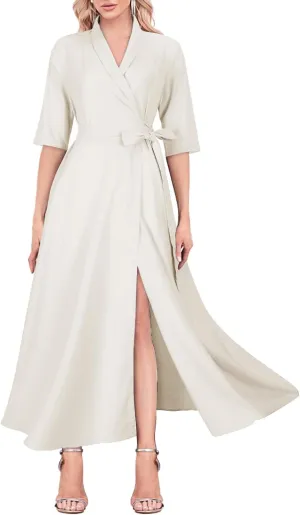 Mingyuezai Women's Linen Wrap Dress V-Neck Lace Up Half Sleeve Maxi Dress