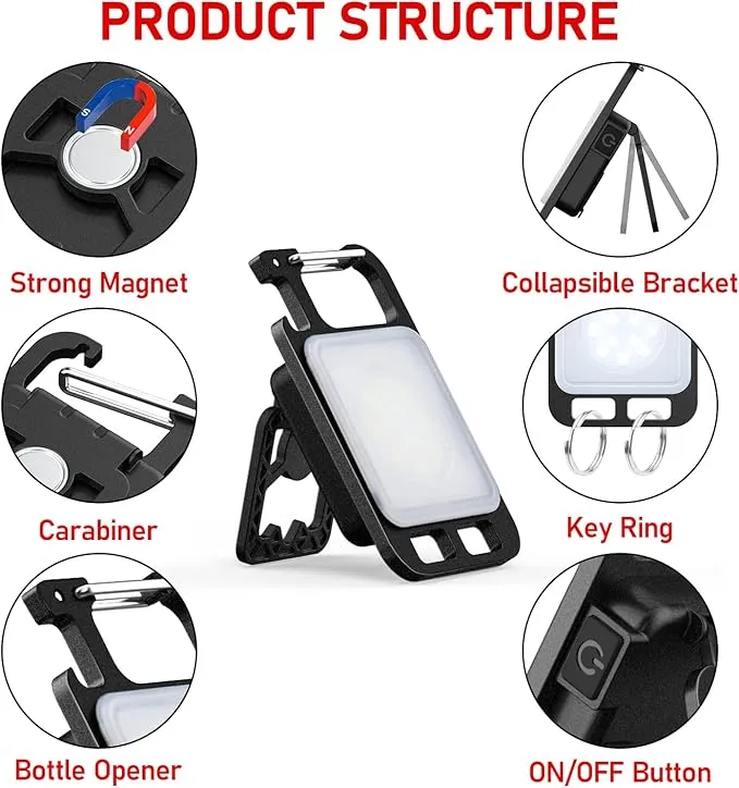 Mini Flashlight Keychain, 1000 Lumens Super Bright COB Keychain Light, 4 Modes USB C Pocket Flashlight with Blue Red lens, Small Magnetic Work Light with Folding Bracket for Night Walking Work