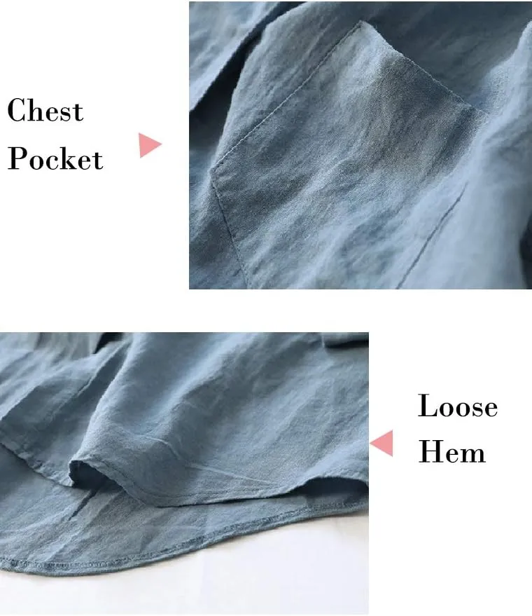 Minibee Women's Linen Blouse High Low Shirt Roll-Up Sleeve Tops
